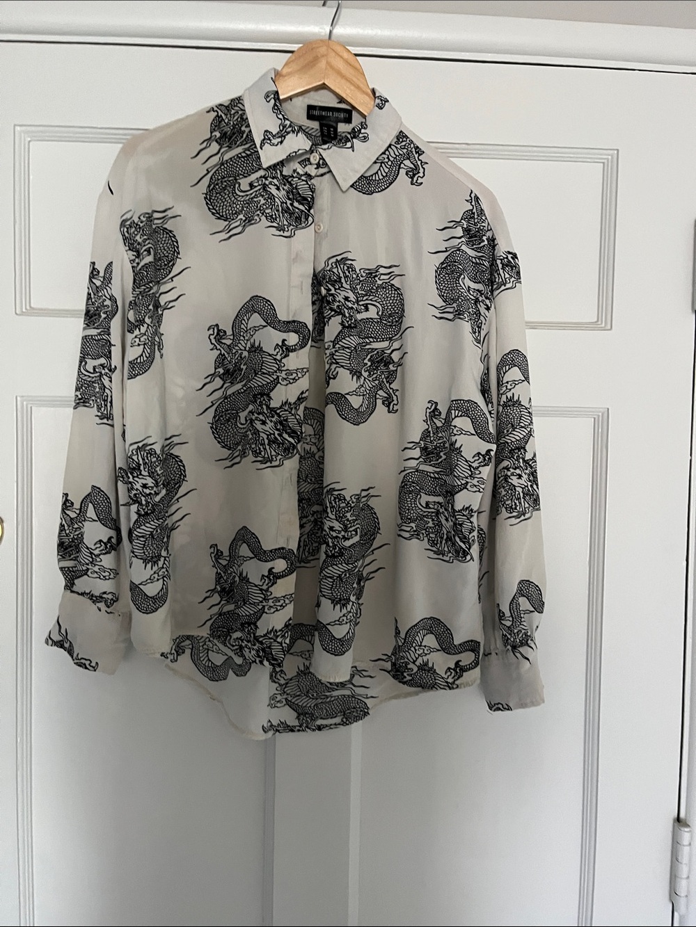 Dragon Print Button-Up Shirt - Cream & Black